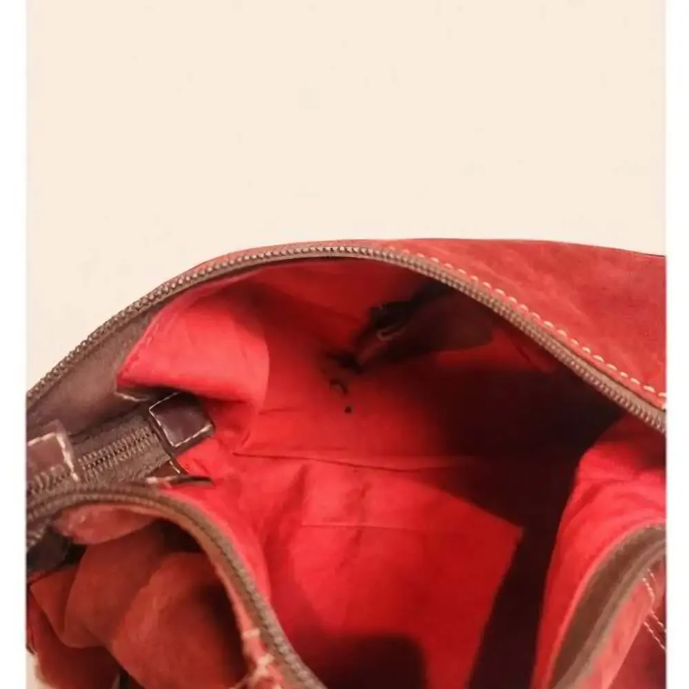 Dooney & Bourke Red Suede Hobo Shoulder Bag with Brown Leather Trim
